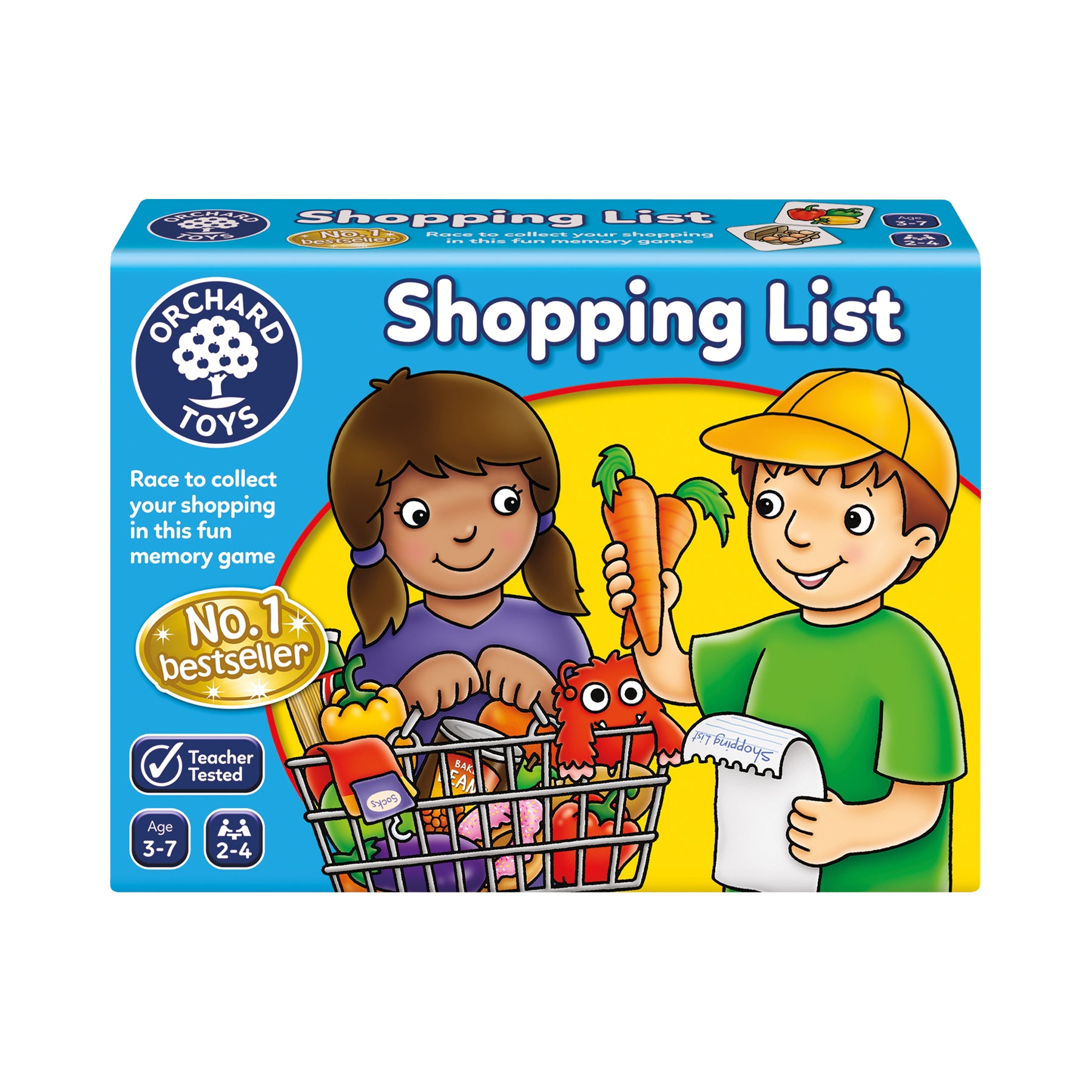 Box of the Orchard Game 'Shopping List' featuring illustrations of children with a shopping basket and various food items, indicating it's a game about collecting grocery items.