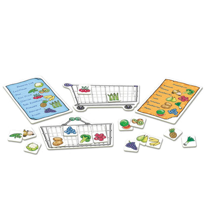 Educational toy set with shopping carts, lists, and food items on a white background