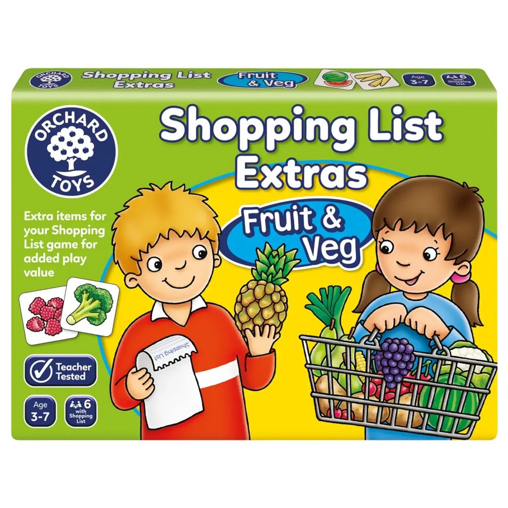 Box of Orchard Game Shopping List Extras featuring Fruit & Veg. The cover shows two cartoon children with a shopping basket and item cards, and it is labeled for ages 3-7.