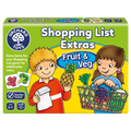 Box of Orchard Game Shopping List Extras featuring Fruit & Veg. The cover shows two cartoon children with a shopping basket and item cards, and it is labeled for ages 3-7.