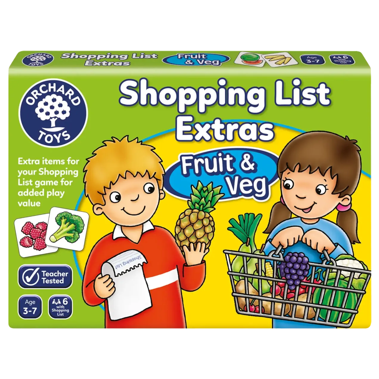 Box of Orchard Game Shopping List Extras featuring Fruit & Veg. The cover shows two cartoon children with a shopping basket and item cards, and it is labeled for ages 3-7.