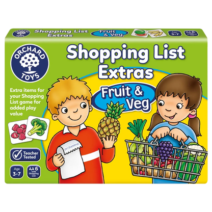 Box of Orchard Game Shopping List Extras featuring Fruit & Veg. The cover shows two cartoon children with a shopping basket and item cards, and it is labeled for ages 3-7.