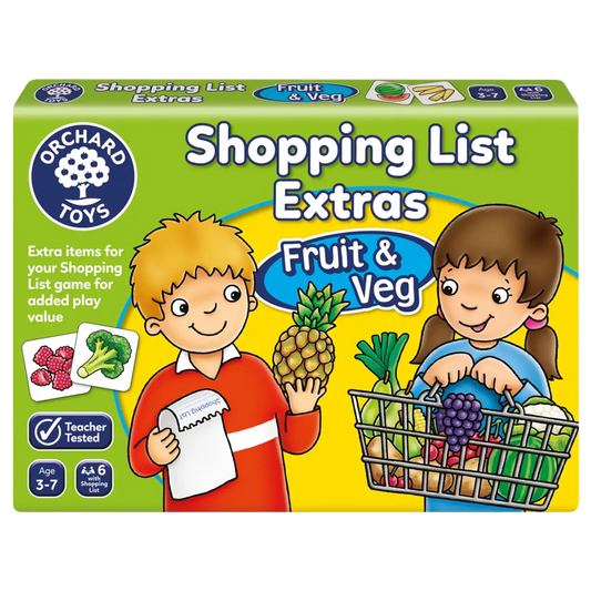 Box of Orchard Game Shopping List Extras featuring Fruit & Veg. The cover shows two cartoon children with a shopping basket and item cards, and it is labeled for ages 3-7.