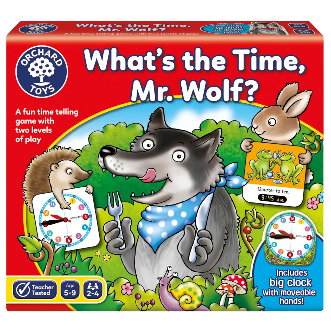 Orchard Toys 'What's the Time, Mr. Wolf?' game box with a wolf and rabbit illustration.