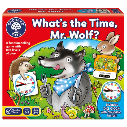 Orchard Toys 'What's the Time, Mr. Wolf?' game box with a wolf and rabbit illustration.