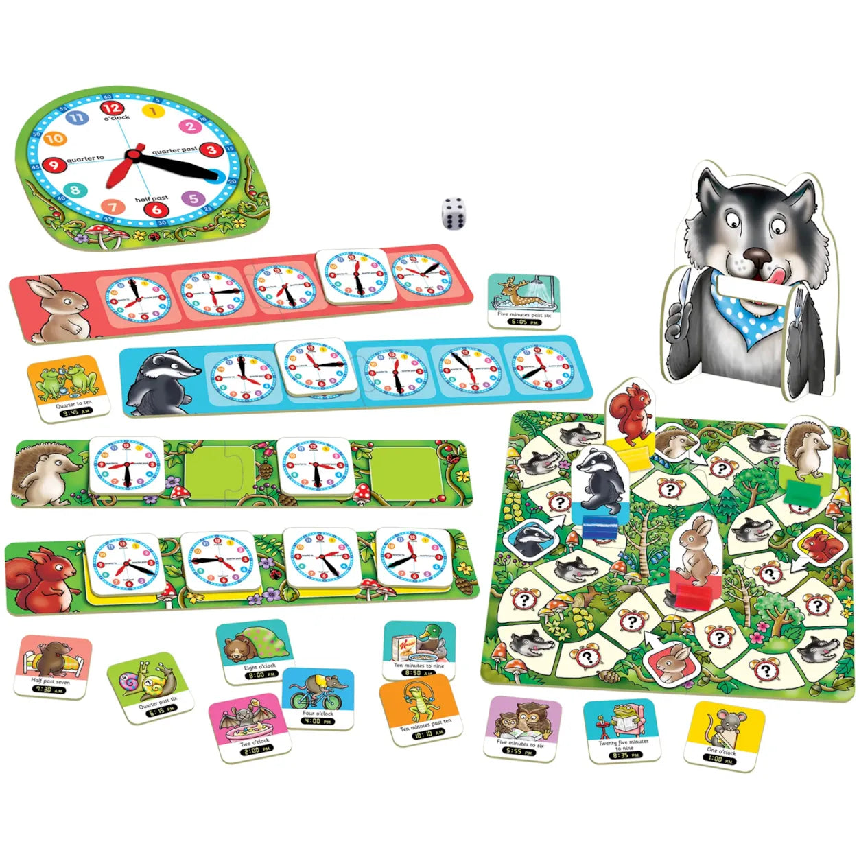 Children's educational game set with clock, cards, and animal figures on a white background