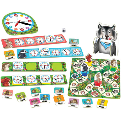 Children's educational game set with clock, cards, and animal figures on a white background