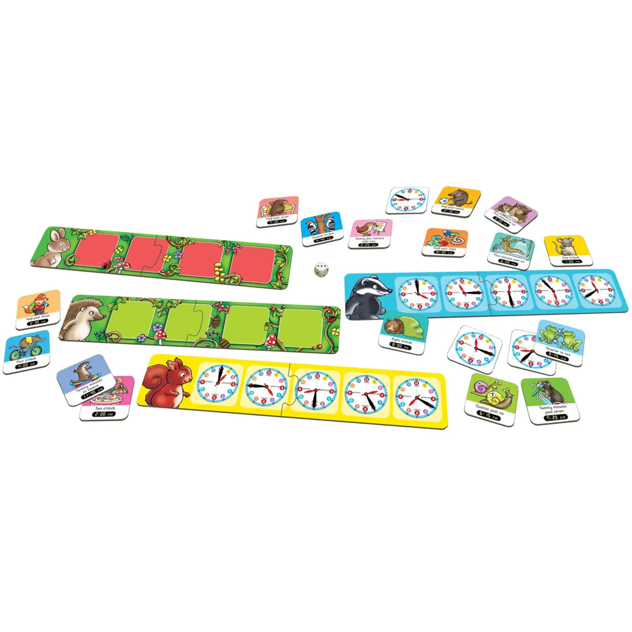 Collection of colorful game cards and components on a white background