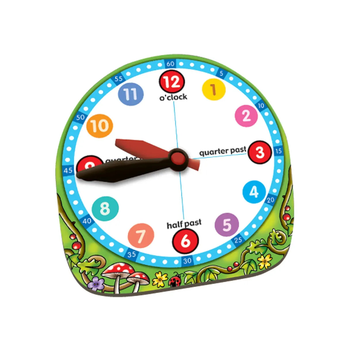 Colorful children's clock with animal designs on a white background