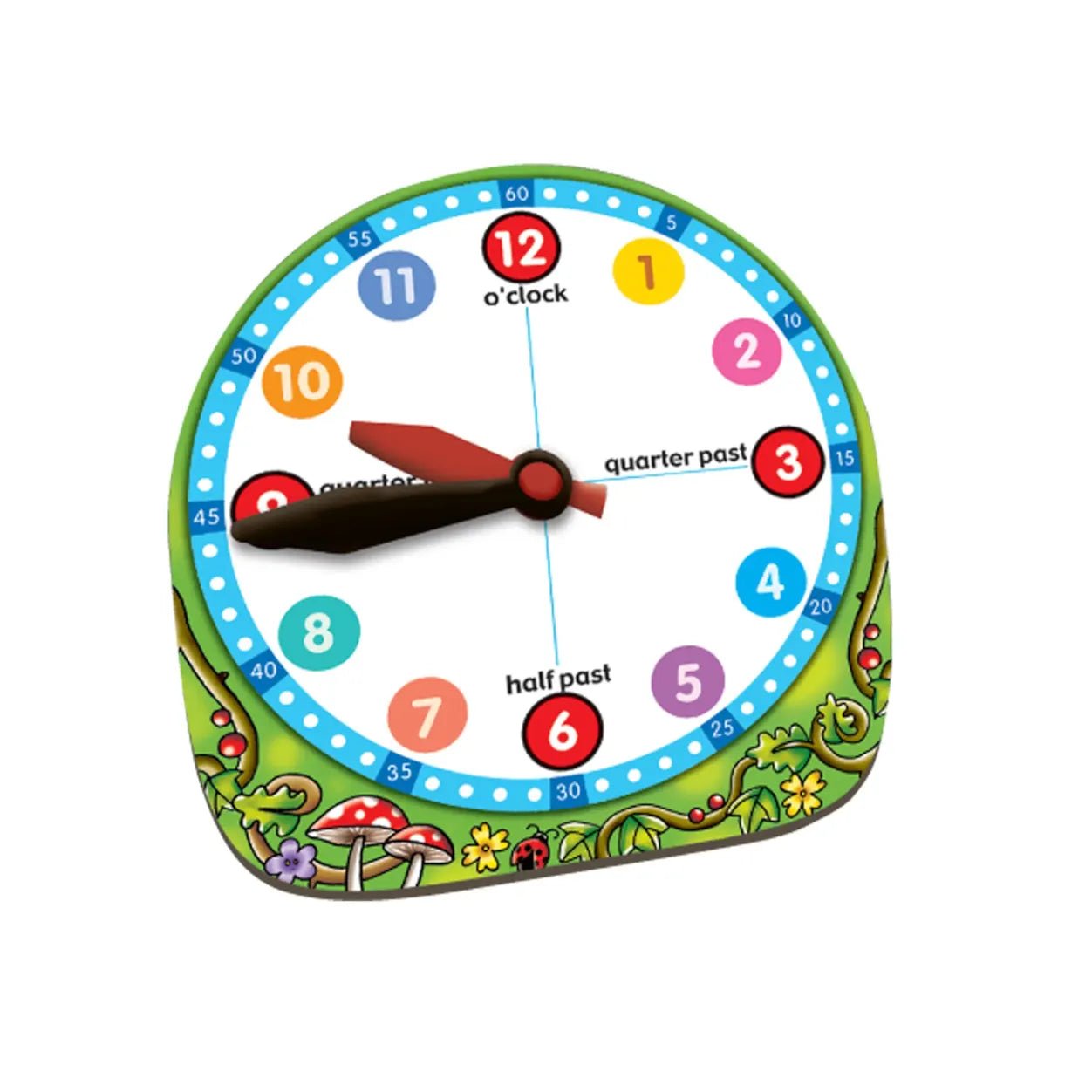 Colorful children's clock with animal designs on a white background