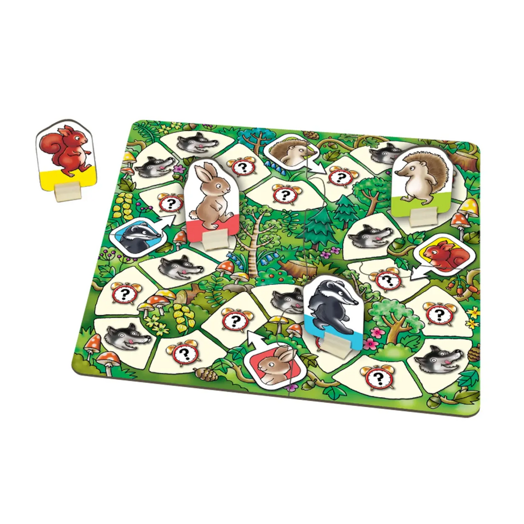 Board game with animal cards on a green forest-themed board