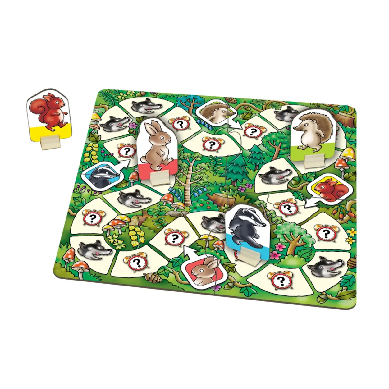 Board game with animal cards on a green forest-themed board