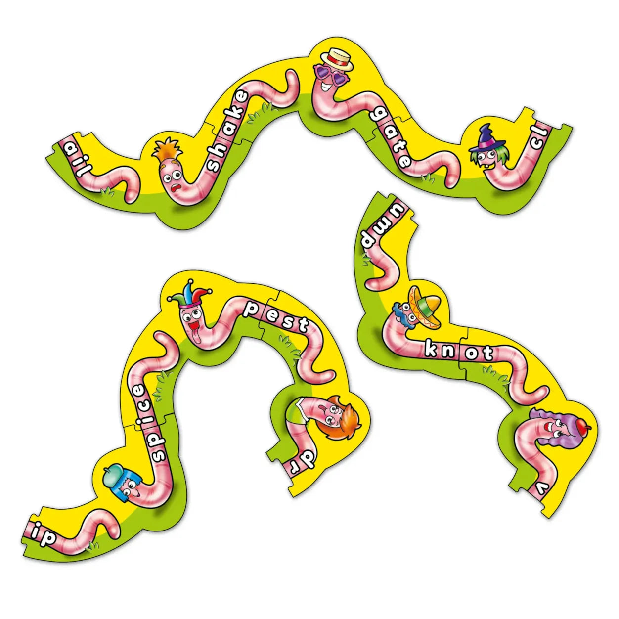 Three colorful board game pieces with cartoonish characters on a white background