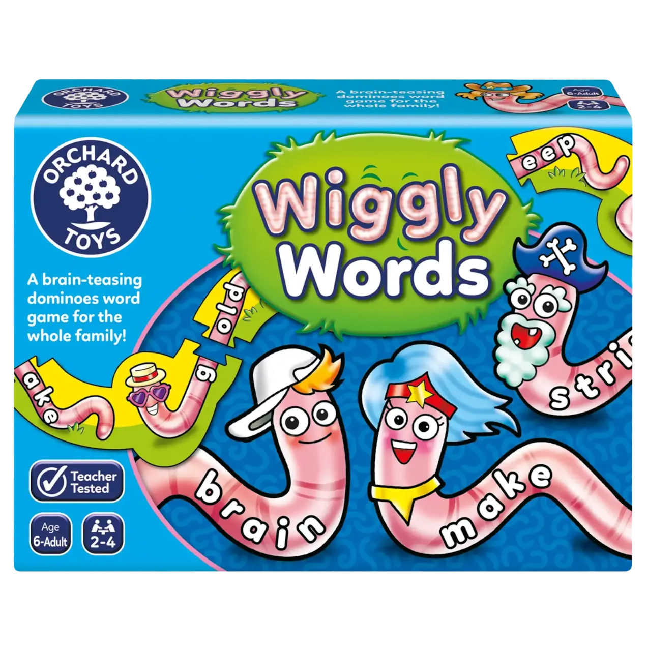 Box of Orchard Toys Wiggly Words game with colorful worms and text on a blue background