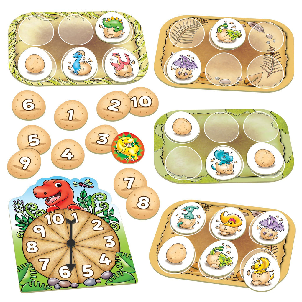 Dinosaur-themed educational game components including number cards, spinner, and egg-shaped tiles on a white background.