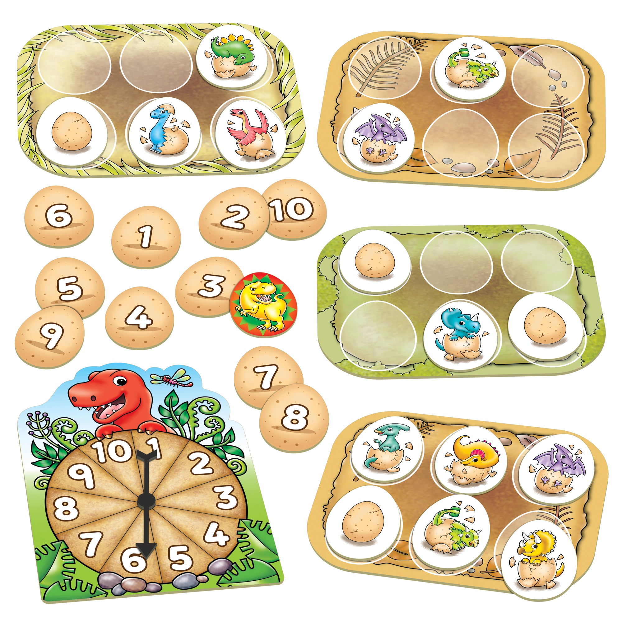 Dinosaur-themed educational game components including number cards, spinner, and egg-shaped tiles on a white background.