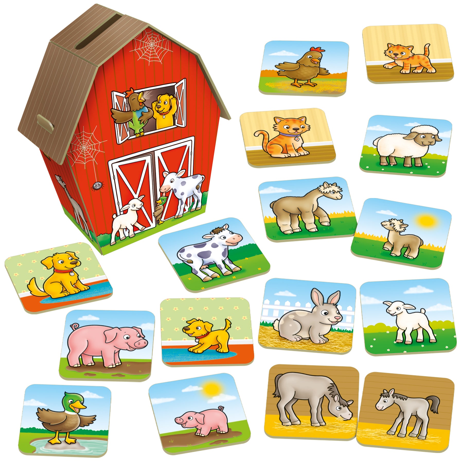 Set of farm animal cards with a barn-shaped box on a white background