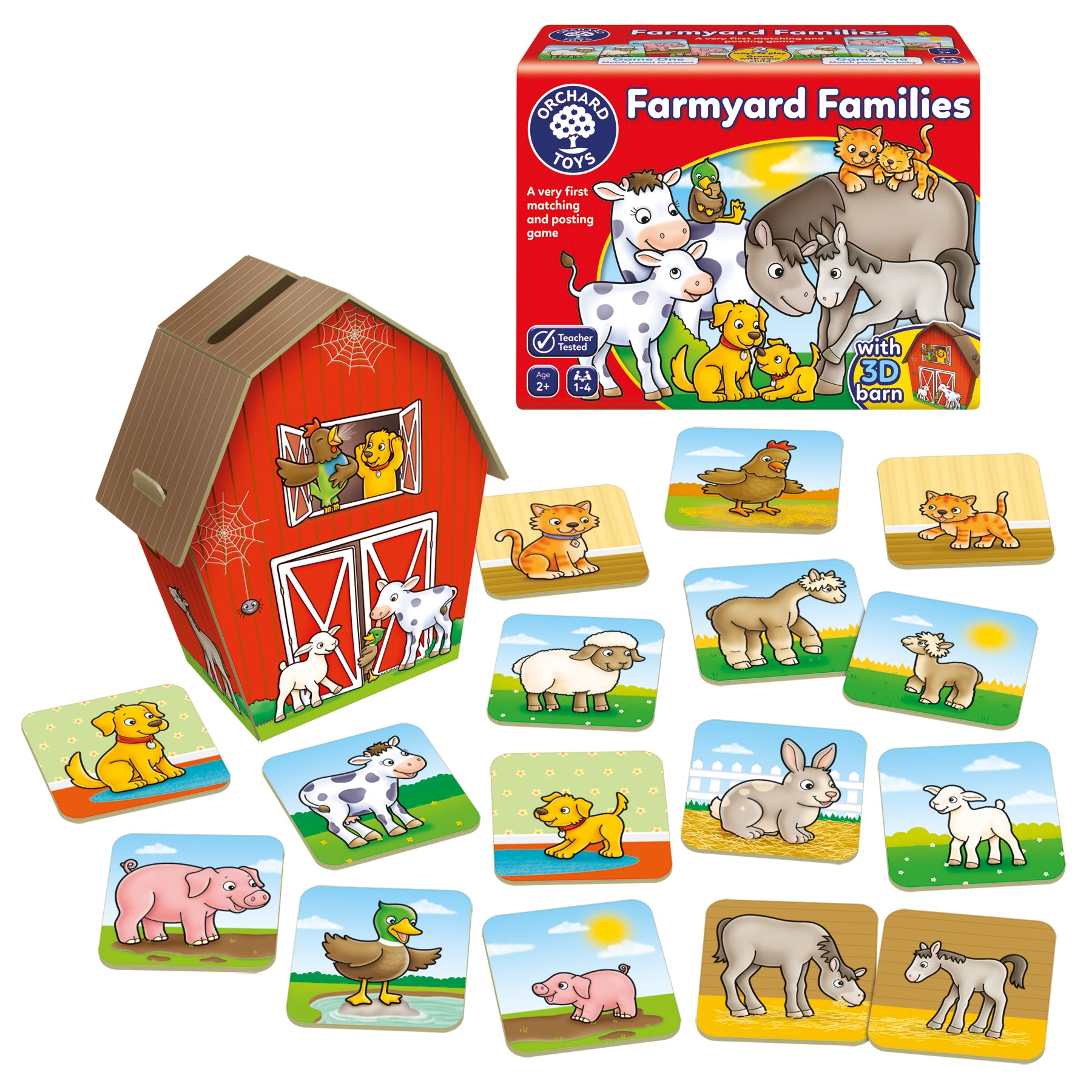 Children's farm-themed learning set with cards and a barn-shaped box on a white background