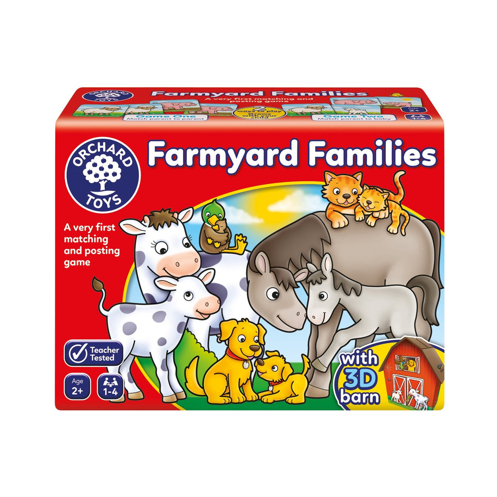 Orchard Toys Farmyard Families game box with farm animals on a red background
