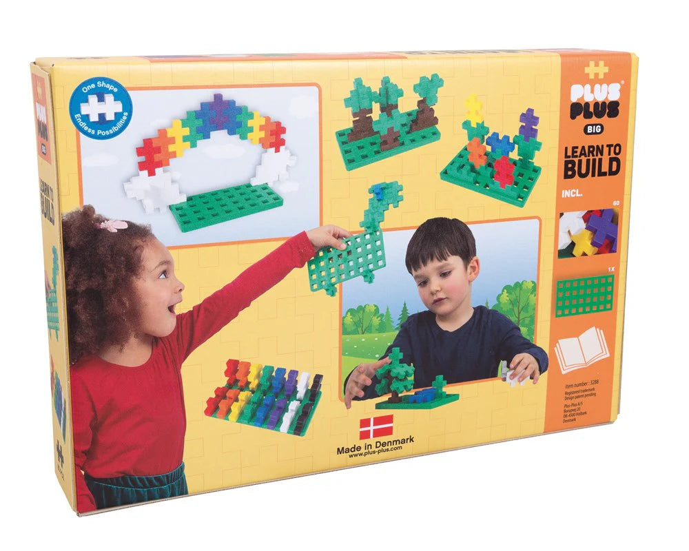Box of Plus-Plus building blocks with images of children playing and colorful building structures.