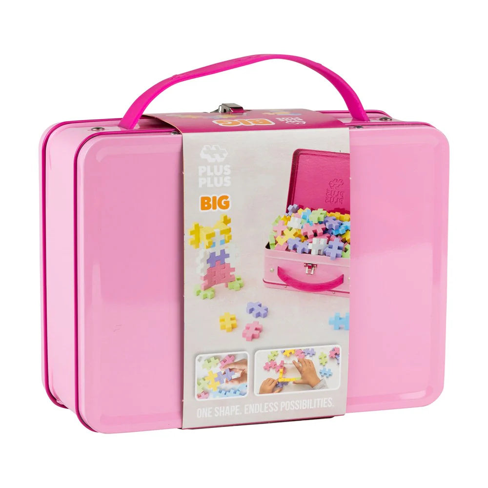 Pink toy case with colorful contents on a white background