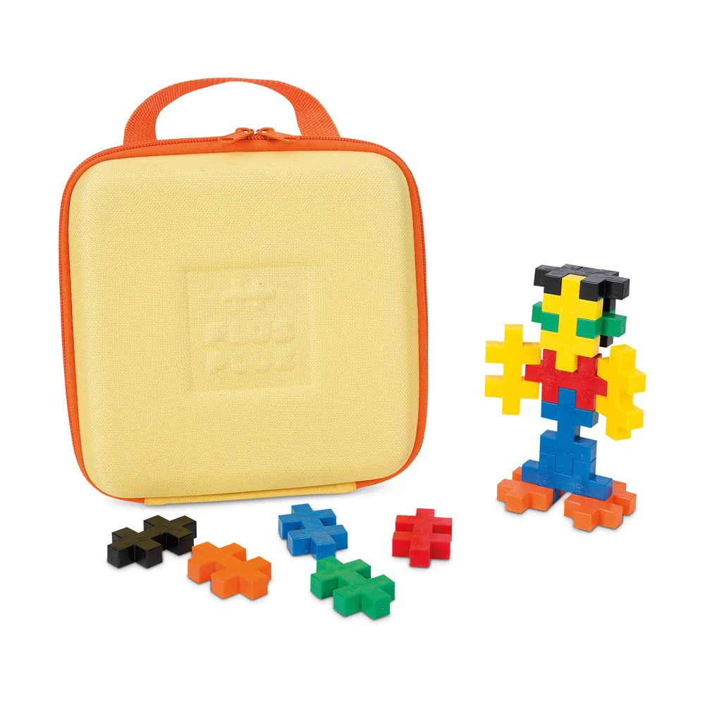 Colorful building blocks set with a carrying case on a white background