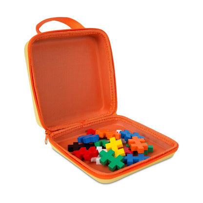Orange carrying case with colorful puzzle pieces on a white background