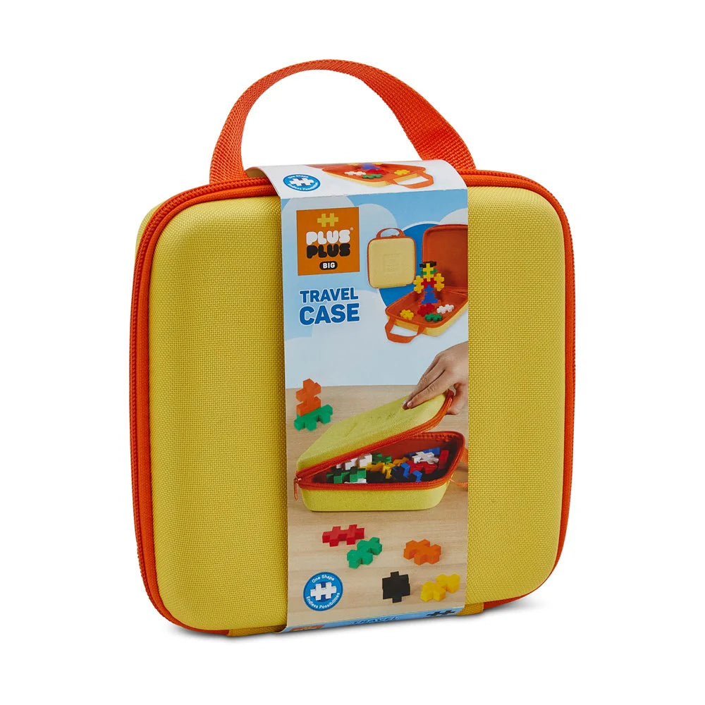 Yellow travel case with orange trim and a colorful label on a white background