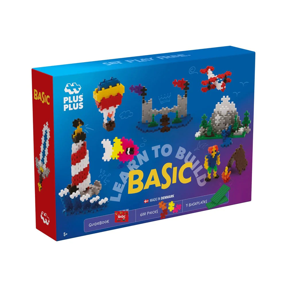 Plus Plus building block set packaging with colorful illustrations on a white background