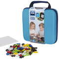 Blue travel case with puzzle pieces and packaging on a white background