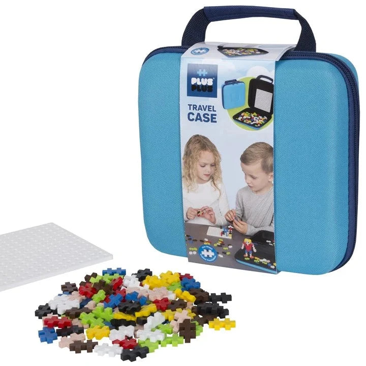 Blue travel case with puzzle pieces and packaging on a white background