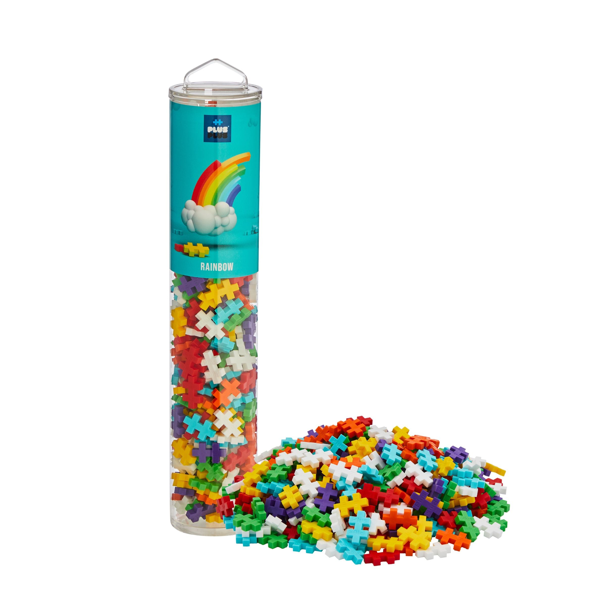 A tube container with colorful interlocking blocks spilled out in front, indicating a construction toy like Plus-Plus.