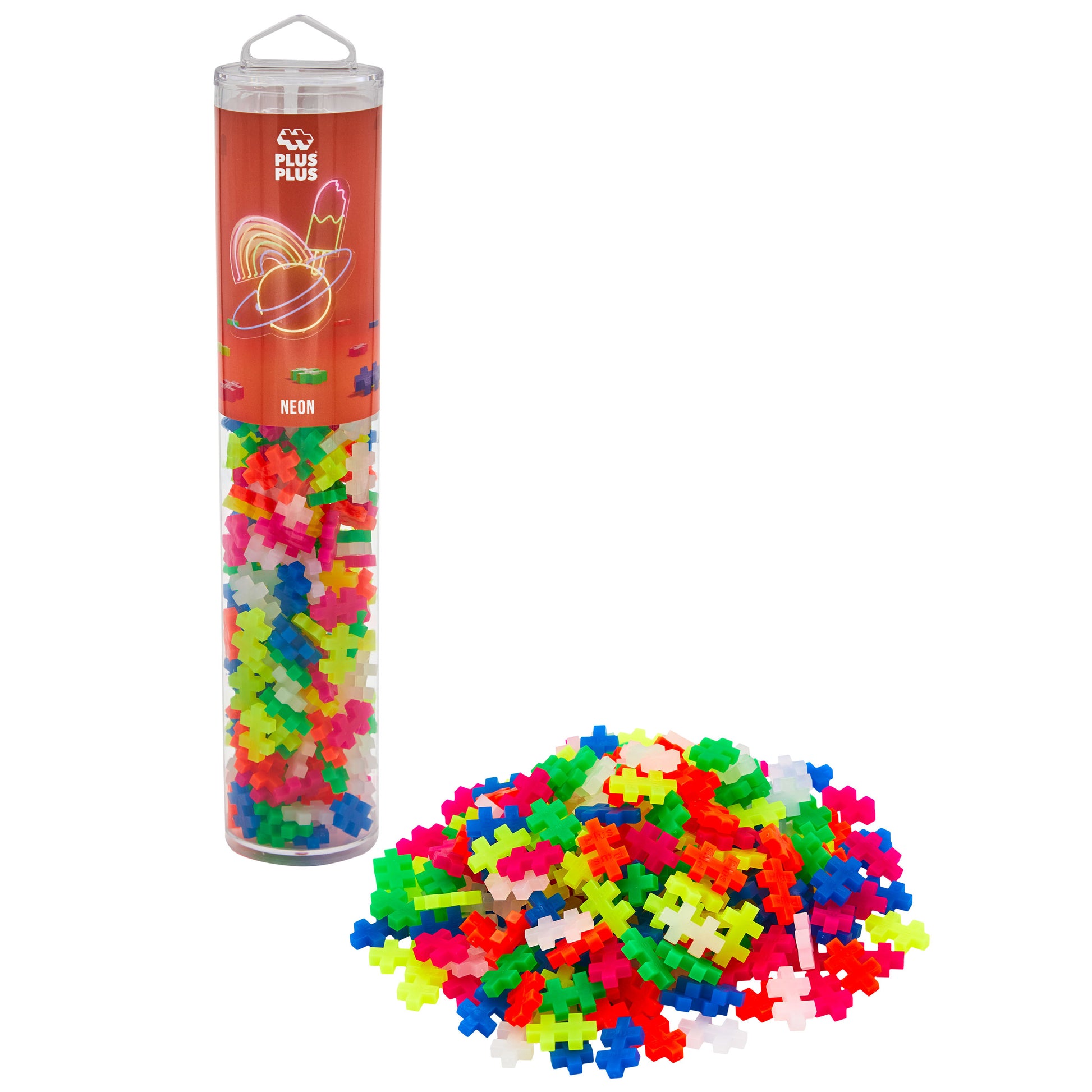 A tube container with colorful interlocking blocks spilled out in front, indicating a construction toy like Plus-Plus.