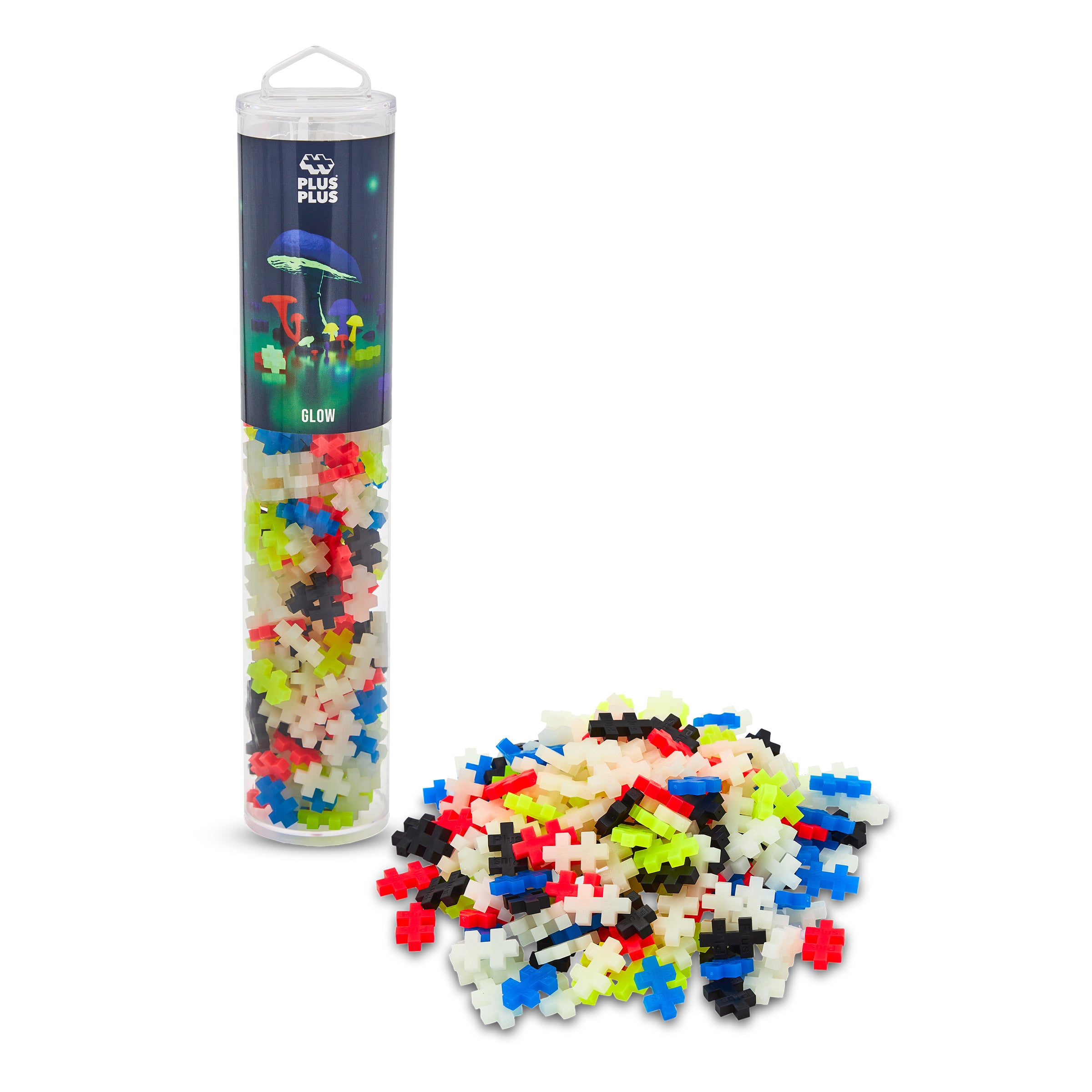A tube container with colorful interlocking blocks spilled out in front, indicating a construction toy like Plus-Plus.