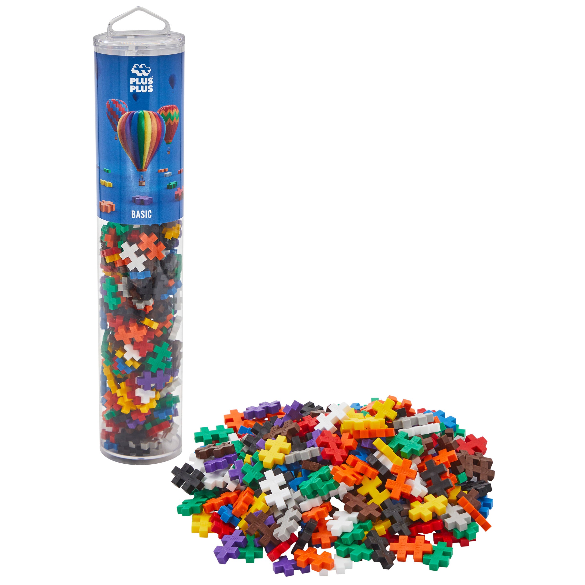 A tube container with colorful interlocking blocks spilled out in front, indicating a construction toy like Plus-Plus.