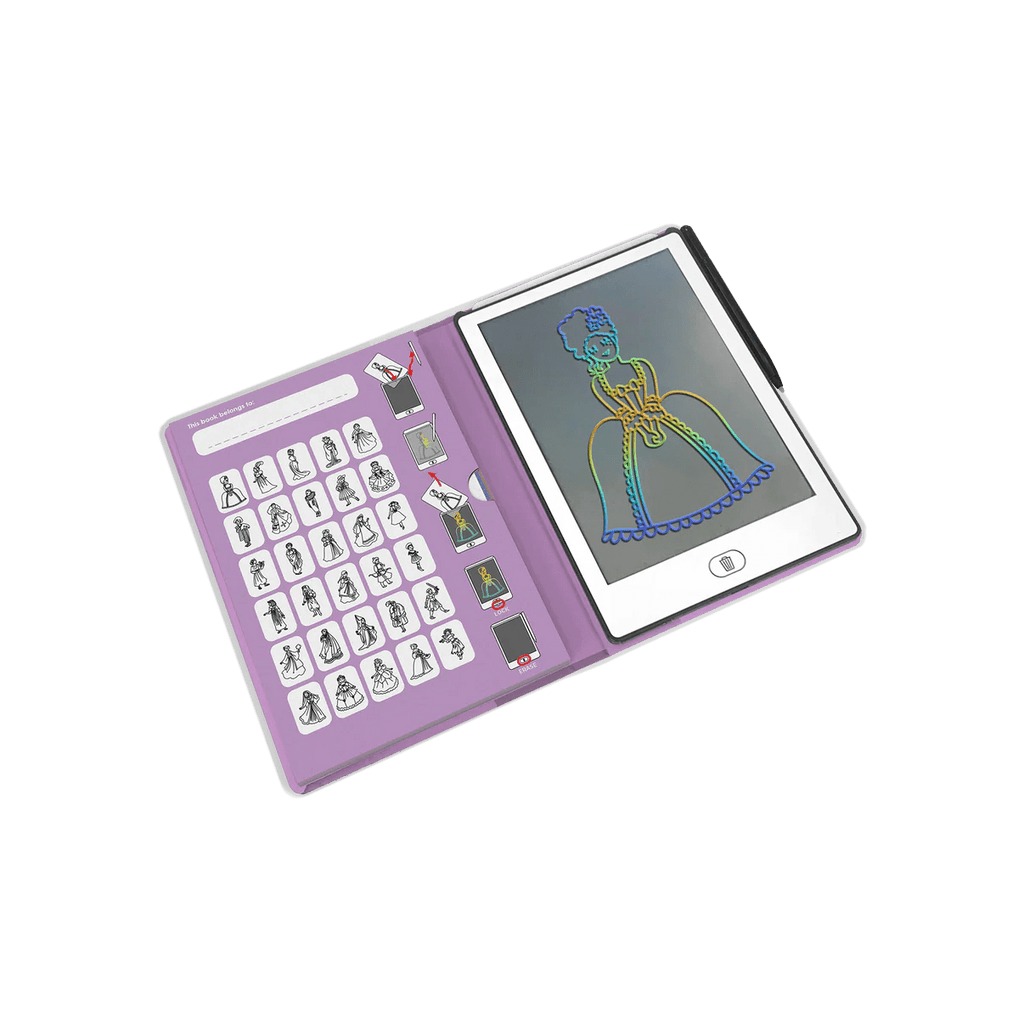 Purple electronic device with a screen displaying a colorful drawing on a white background