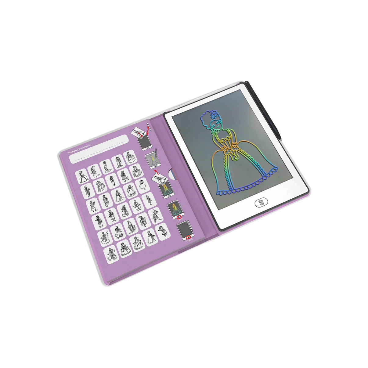 Purple electronic device with a screen displaying a colorful drawing on a white background