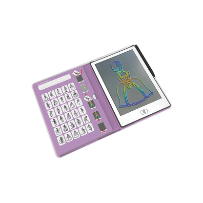 Purple electronic device with a screen displaying a colorful drawing on a white background