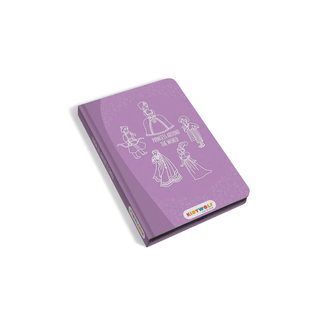 Purple notebook with illustrations of princesses on a white background