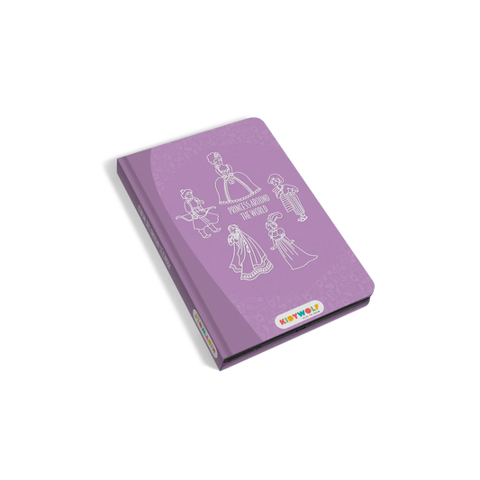 Purple notebook with illustrations of princesses on a white background