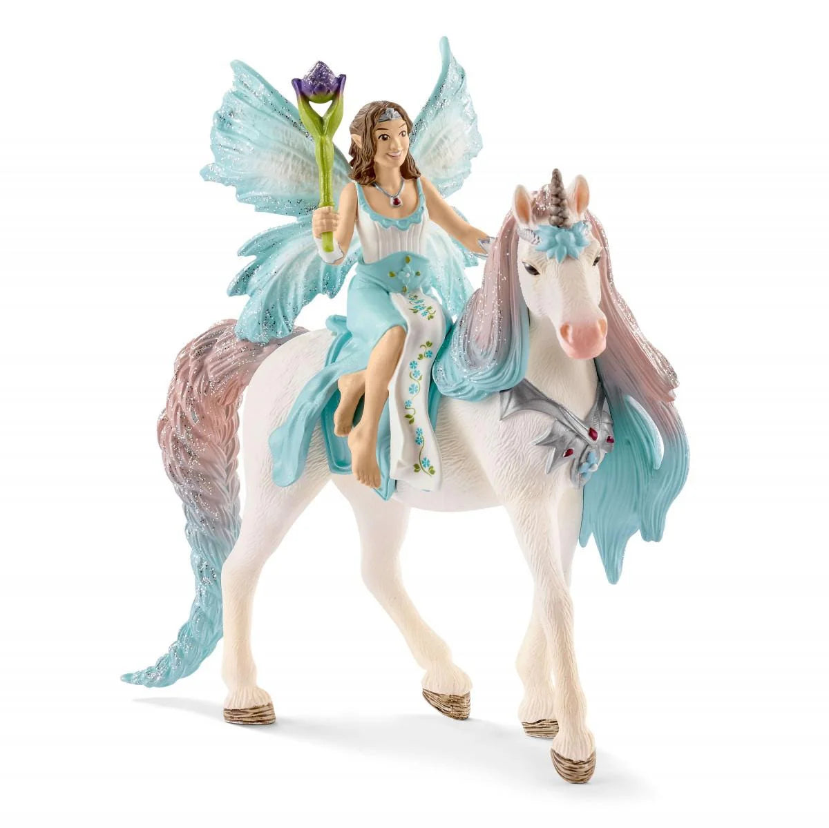 Fairy figure on a unicorn with blue wings and a white background