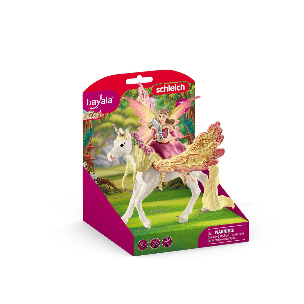 Schleich and Bayala toy packaging with a fairy and unicorn on a white background