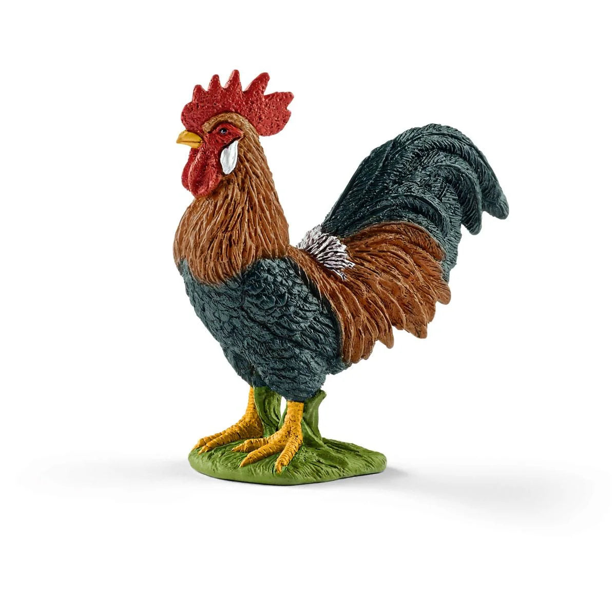 Rooster figurine with detailed feathers on a white background