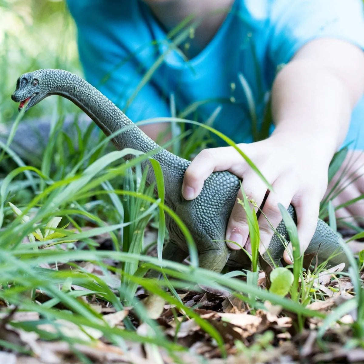 Child holding a toy dinosaur in grass