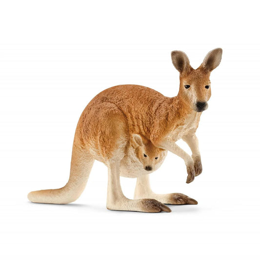 Model of a kangaroo with a joey inside on a white background