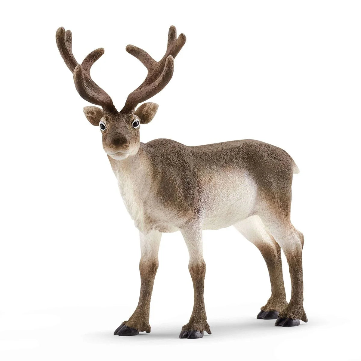 Model of a reindeer with large antlers on a white background