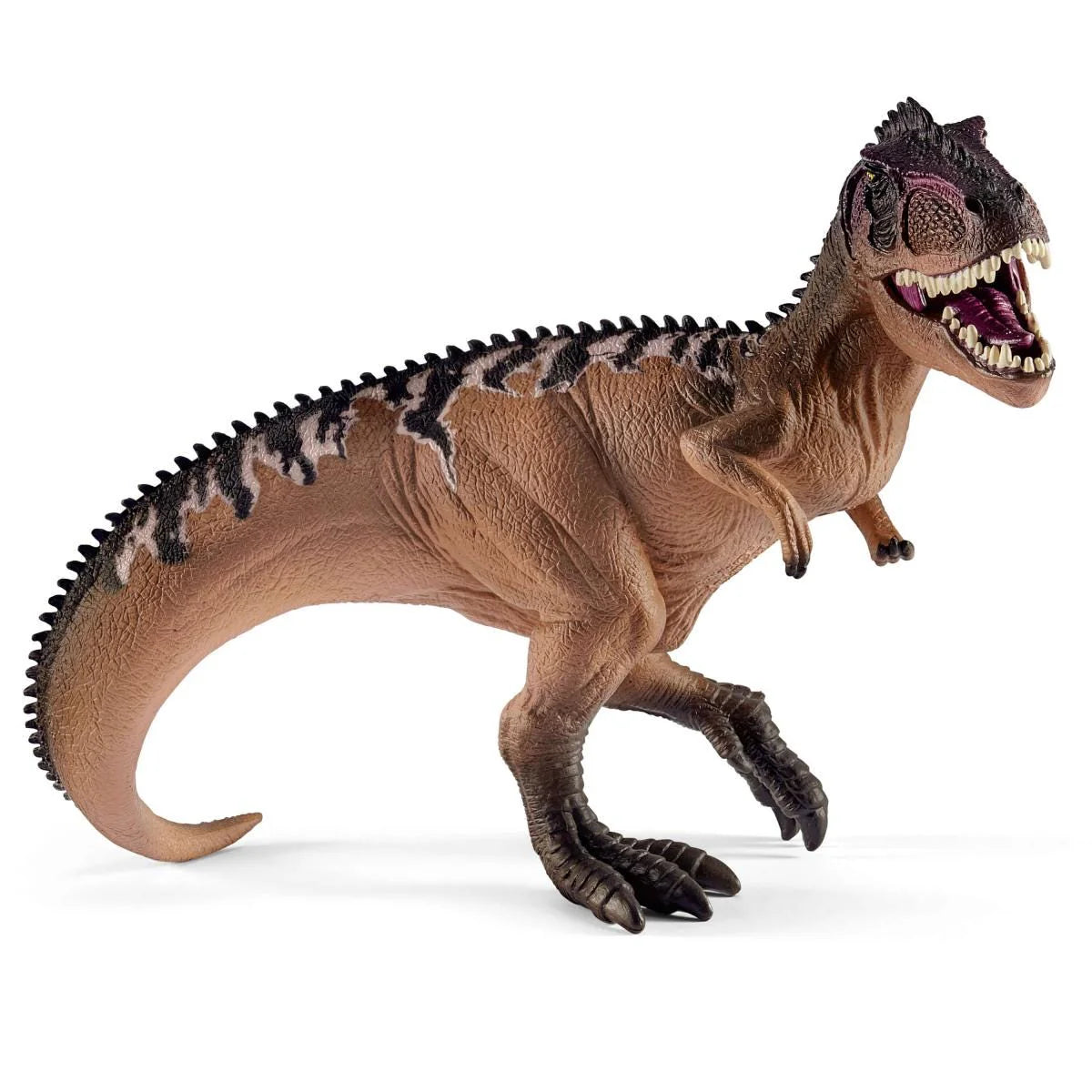 Dinosaur toy figure with spiky back and open mouth on a white background
