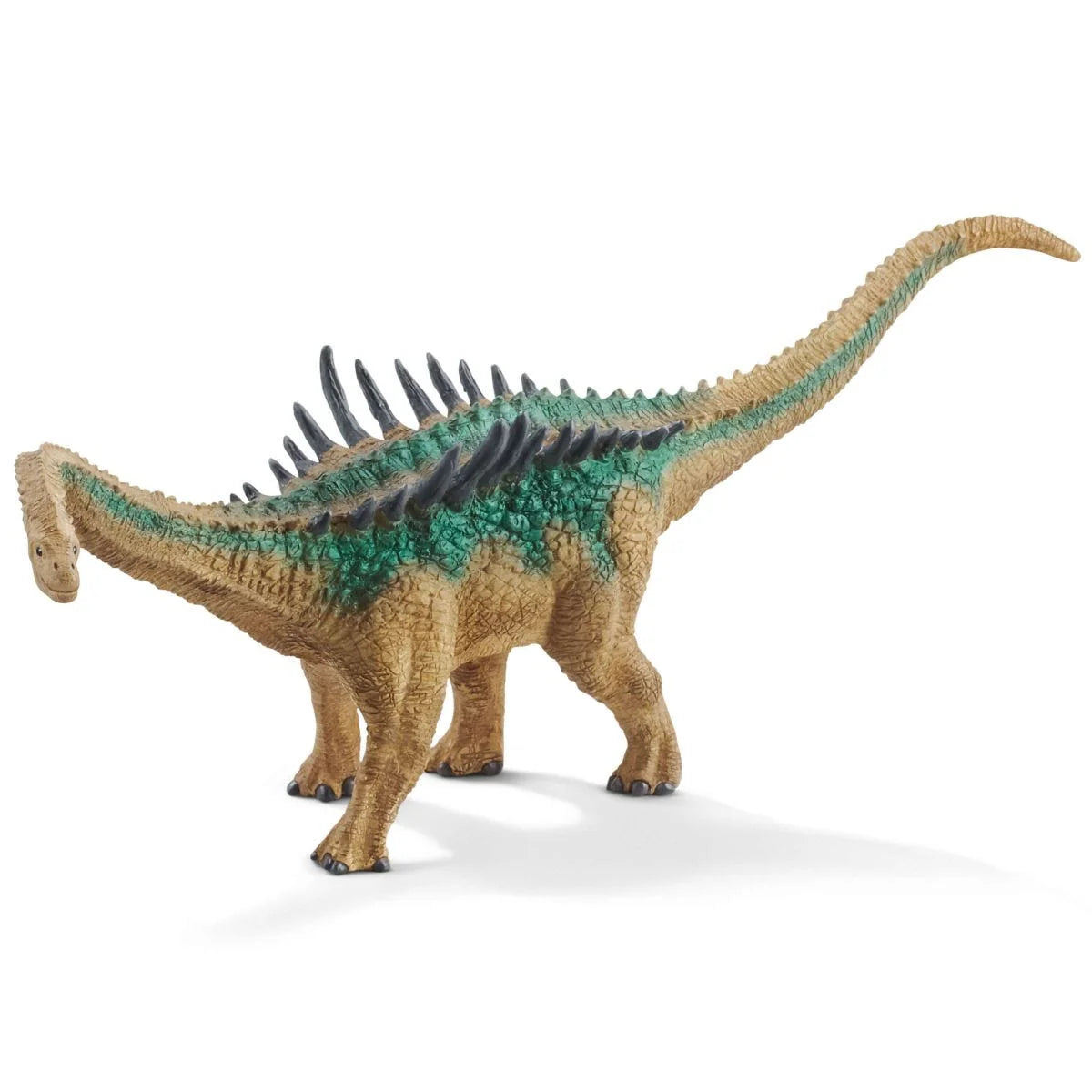 Dinosaur toy figure with green and brown coloration on a white background