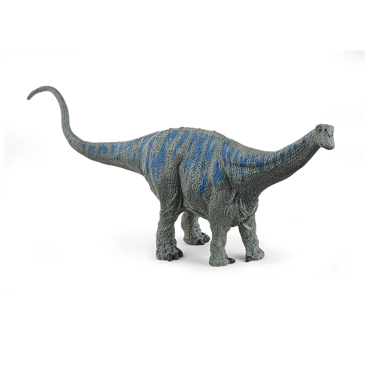 Dinosaur model with blue and gray pattern on a white background