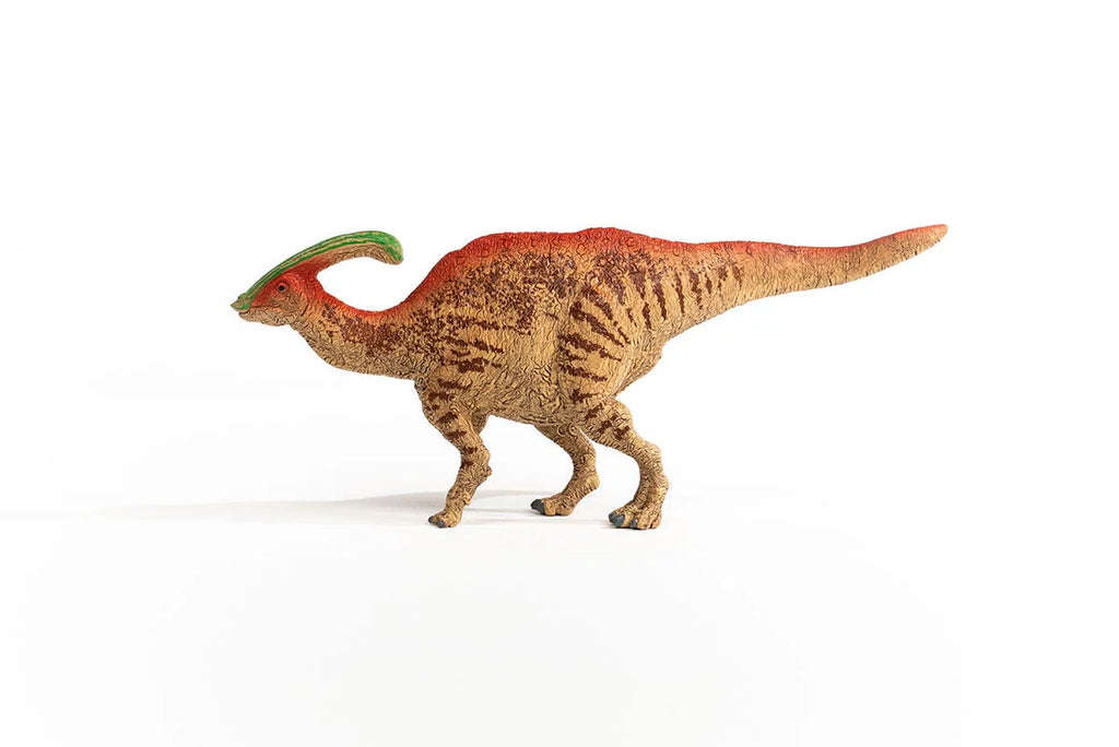Dinosaur toy figure with a red and brown pattern on a white background